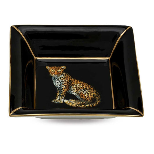 Halcyon Days Leopard Trinket Tray in Black, Square-Bone China-Sterling-and-Burke