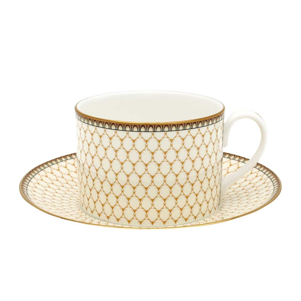 Halcyon Days Antler Trellis Teacup and Saucer in Ivory-Bone China-Sterling-and-Burke