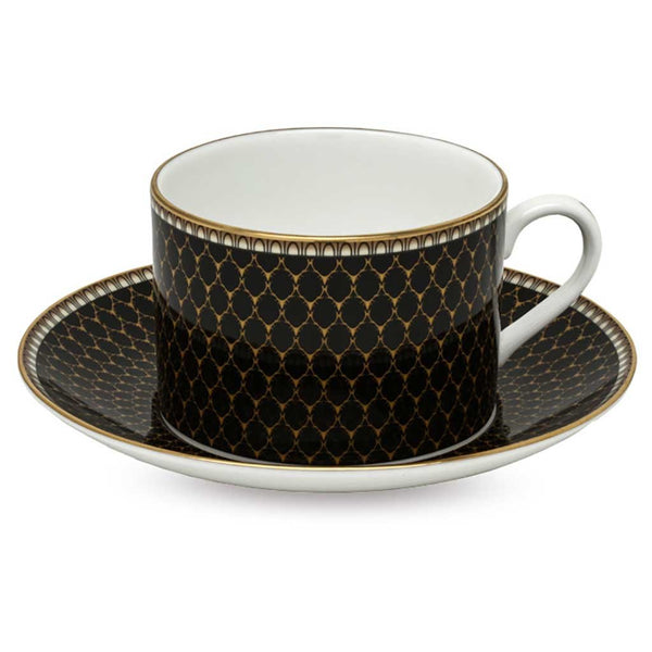 Halcyon Days Antler Trellis Teacup and Saucer in Black-Bone China-Sterling-and-Burke