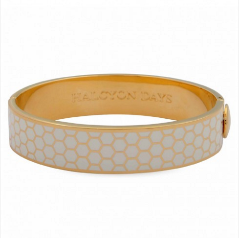Halcyon Days 13mm Honeycomb Hinged Enamel Bangle in Cream and Gold-Bangle-Sterling-and-Burke