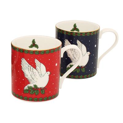 Halcyon Days Dove of Peace Mugs in Blue and Red, Set of 2-Bone China-Sterling-and-Burke