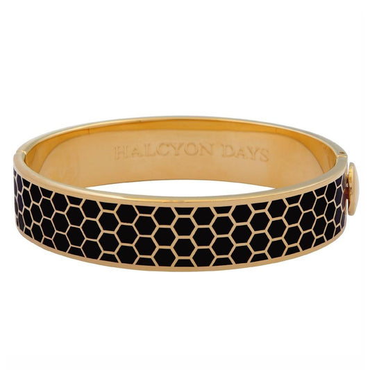 Halcyon Days 13mm Honeycomb Hinged Enamel Bangle in Black and Gold-Bangle-Sterling-and-Burke
