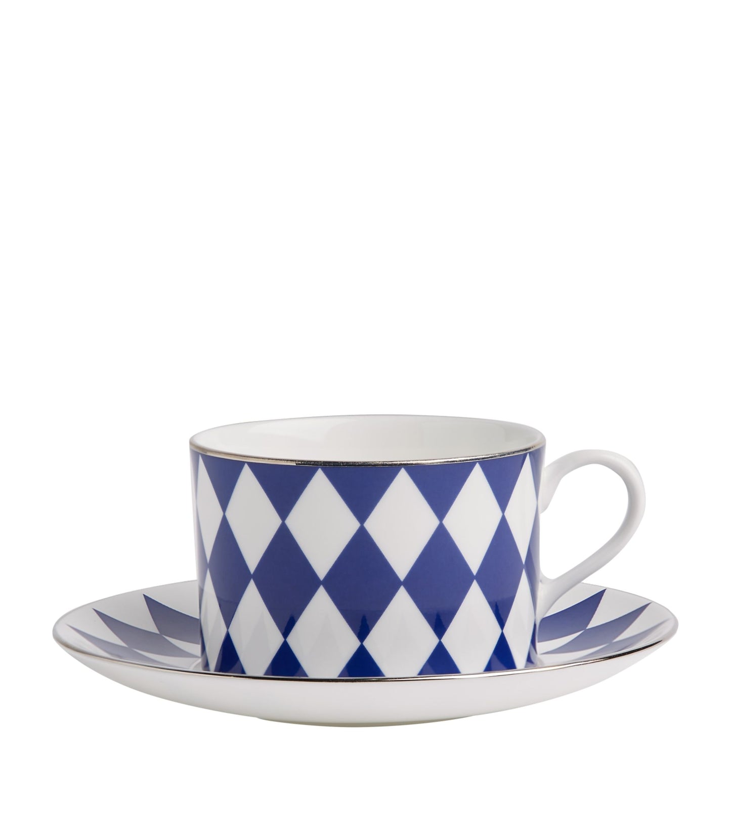 Halcyon Days | Parterre Midnight (Dark Blue) and Silver | Tea Cup and Saucer | Retired