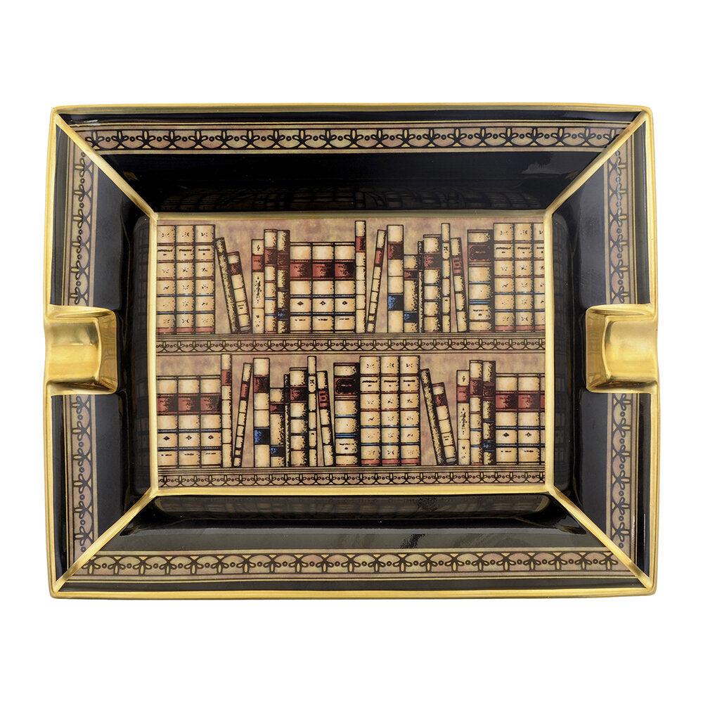 Halcyon Days Library Ashtray in Black and Gold | Finest Quality Hand Painted Cigar Ash Tray