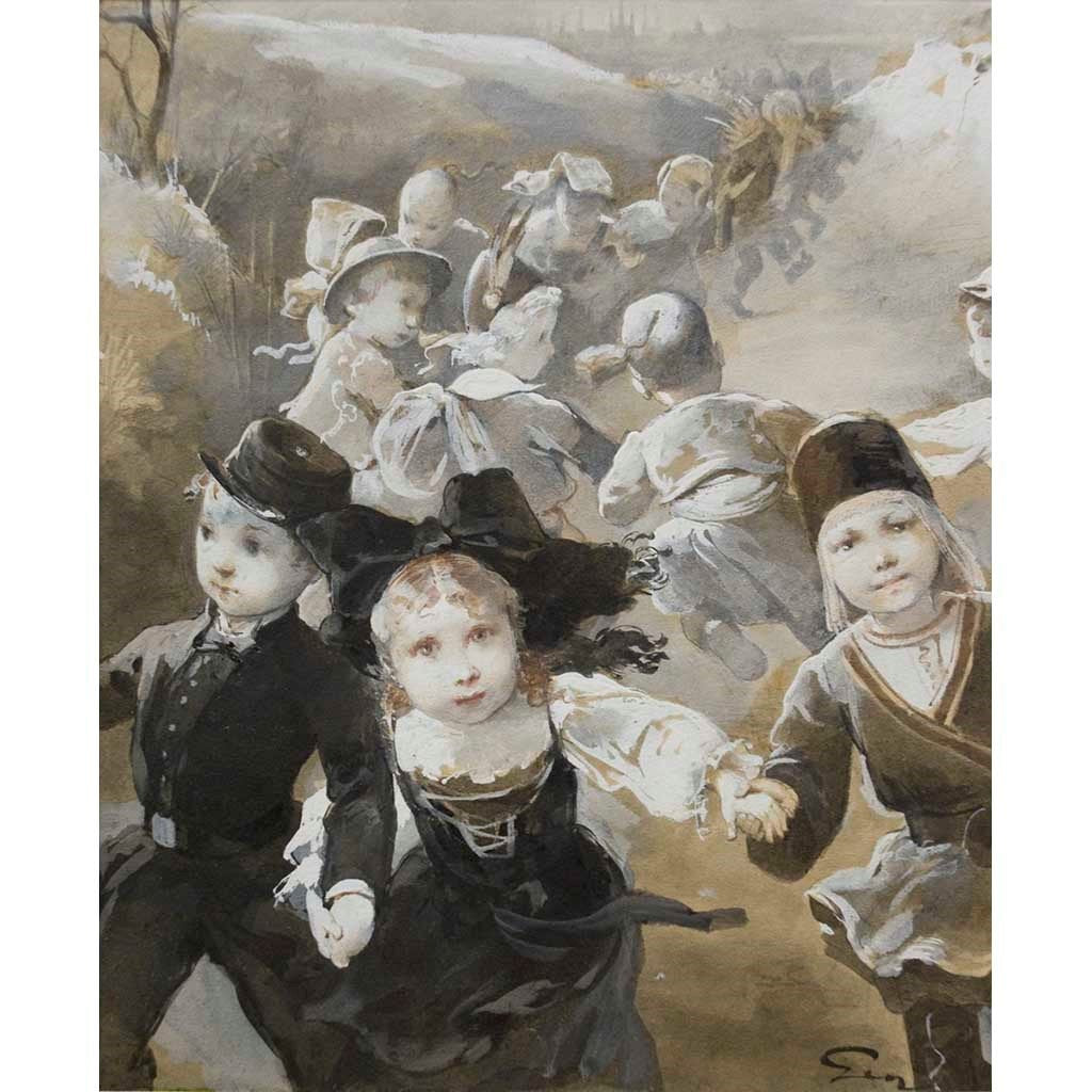 Antique Pencil on Paper | Farandole d'enfants costumes by Henry Jean Jules Geoffroy | 7 5/8" by 6 1/8"-Mixed Media-Sterling-and-Burke