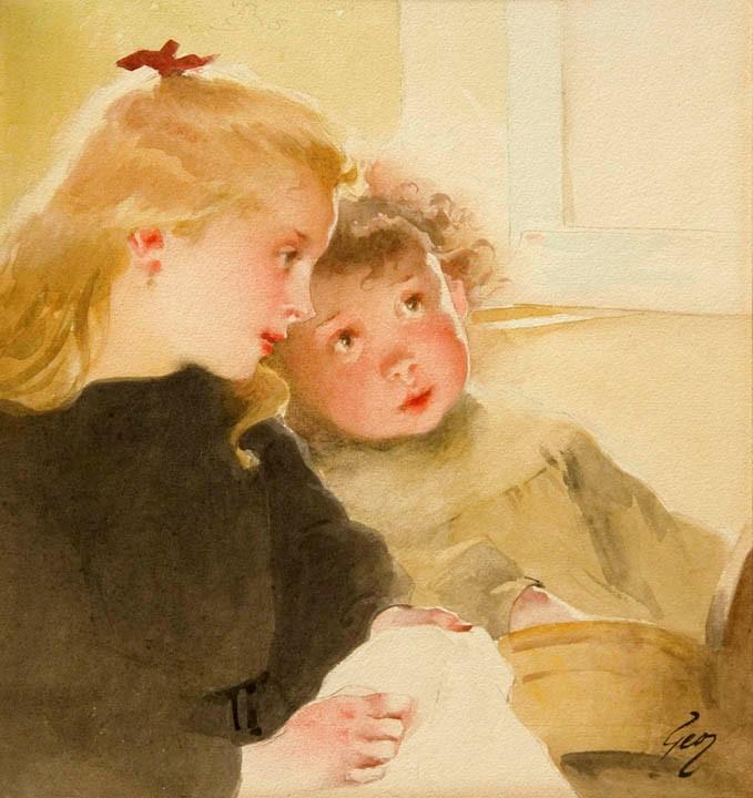 Antique Watercolor on Paper | La lecon de couture (The Sewing Lesson) by Henry Jean Jules Geoffroy | 20.5" x 20"-Watercolor-Sterling-and-Burke