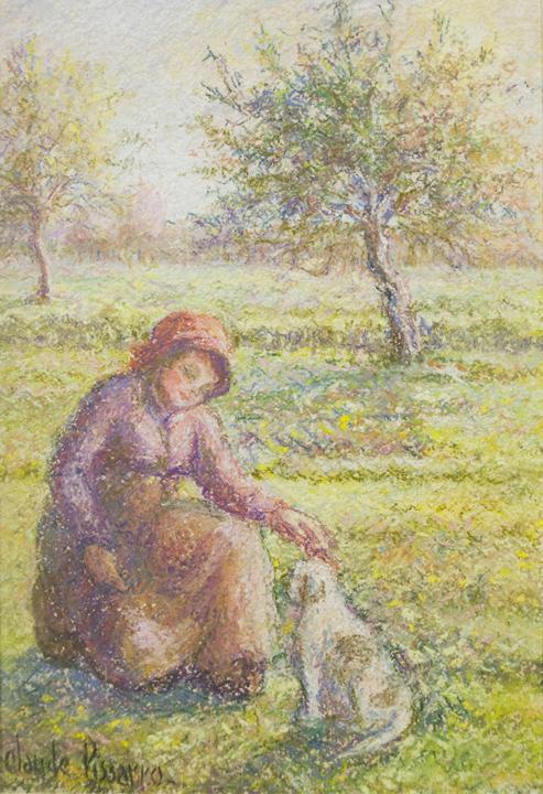 Antique Pastel on Paper | Celine et Pipo dans le pre (A Girl and Her Dog in the Meadow) ca 1985 | 24" x 19 3/8"-Pastel on Paper-Sterling-and-Burke