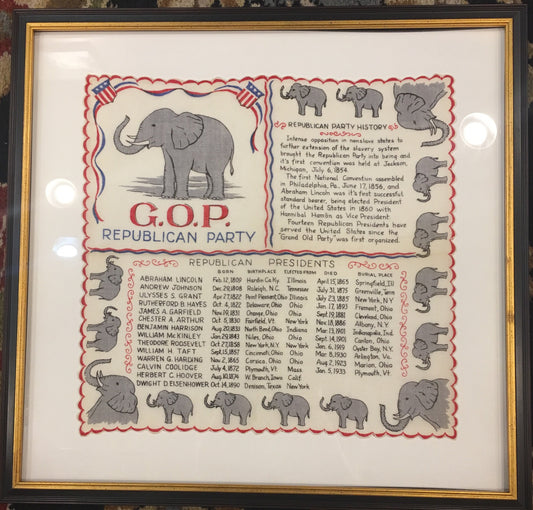Vintage Republican Framed Political Art | GOP Flag Handkerchief Art | 1950's | 20" x 20" Framed-Vintage Handkerchief-Sterling-and-Burke