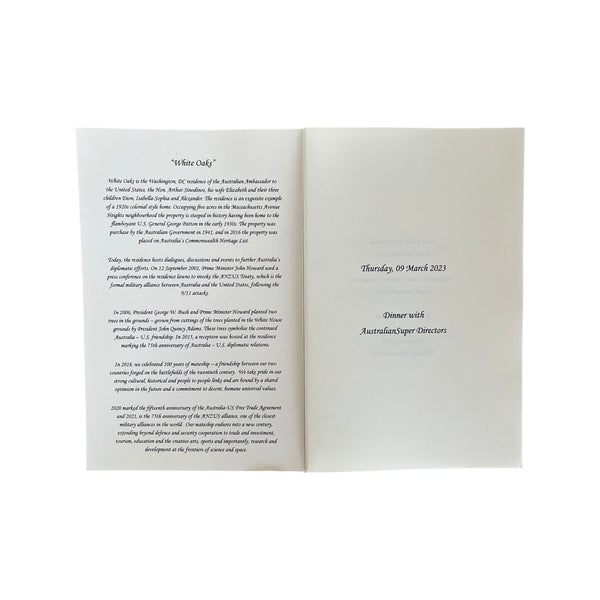 Australian Embassy Proof | Program Cover | Diplomatic Menu Program Folder | Place Card | Graphic Work