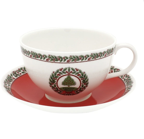 Halcyon Days Vintage Christmas Tree Breakfast Cup and Saucer-Bone China-Sterling-and-Burke