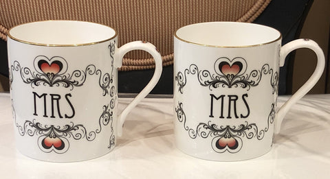 Halcyon Days Mrs and Mrs Wedding Mugs in White, Set of 2-Mug-Sterling-and-Burke