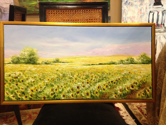 Art | Sun Flower Oil Painting | Walking Through Sunshine With You I | Original Oil Painting | Custom Frame | 31.5 by 16.5 Inches-Oil Painting-Sterling-and-Burke