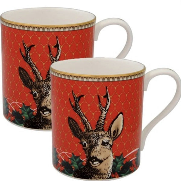 Halcyon Days Antler Trellis and Stag Mugs in Red, Set of 2-Bone China-Sterling-and-Burke