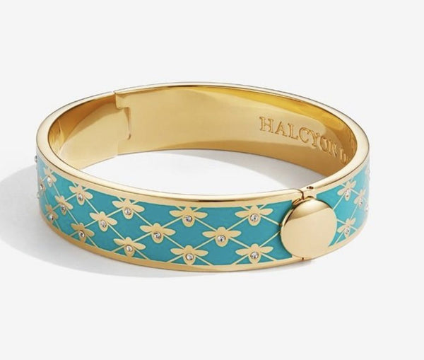 Halcyon Days 13mm Bee Sparkle Trellis Hinged Enamel Bangle in Turquoise and Gold-Jewelry-Sterling-and-Burke