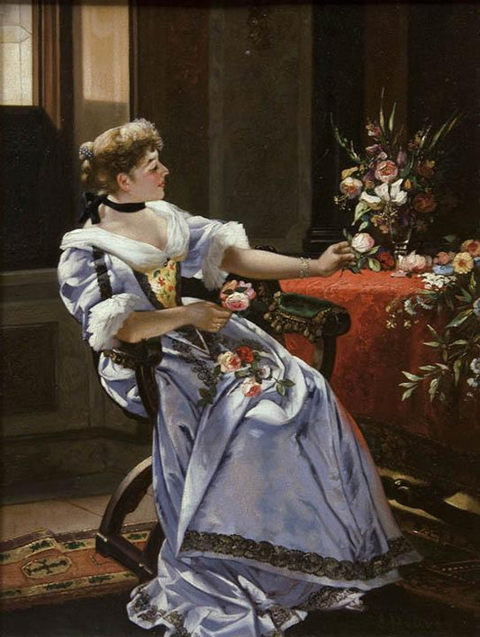 Antique Oil on Panel | In Her Boudoir by J. Medvey | 24-.62" x 20.12"-Oil on Panel-Sterling-and-Burke