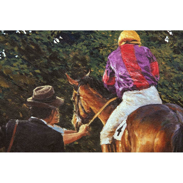Antique Oil Painting | Unsaddling at Windsor, 1988 by Jay Boyd Kirkman | 36" by 26"-Oil Painting-Sterling-and-Burke