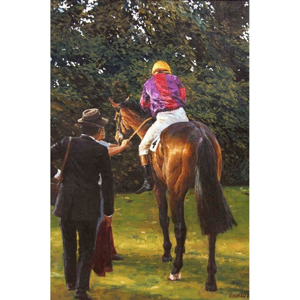 Antique Oil Painting | Unsaddling at Windsor, 1988 by Jay Boyd Kirkman | 36" by 26"-Oil Painting-Sterling-and-Burke
