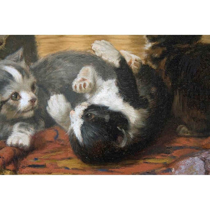 Antique Oil Painting | Kittens at Play by John Henry Dolph | 20 1/8" x 26 1/4"-Oil Painting-Sterling-and-Burke