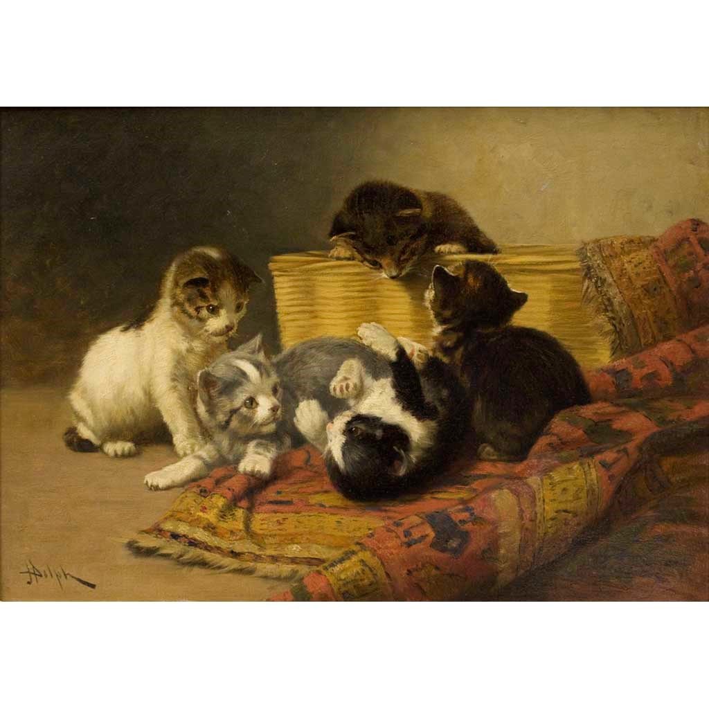 Antique Oil Painting | Kittens at Play by John Henry Dolph | 20 1/8" x 26 1/4"-Oil Painting-Sterling-and-Burke