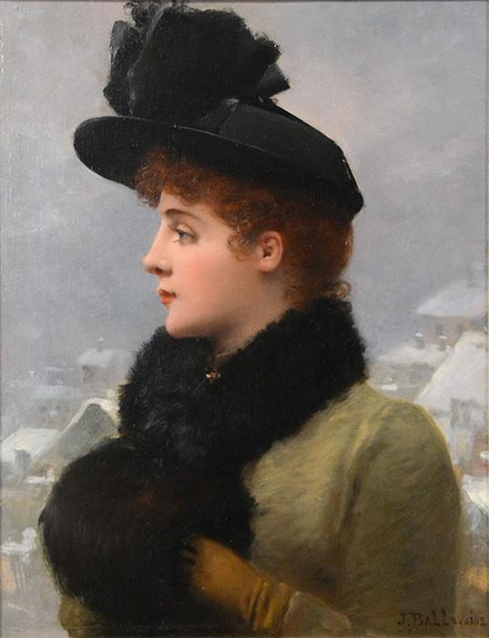 Antique Oil Painting | Elegant Lady in Winter by Jule-Frederic Ballavoine | 20" x 16.5"-Oil Painting-Sterling-and-Burke