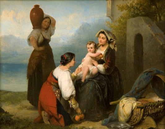 Antique Oil Painting | Courtship & The Shepherd's Family, 1865 (pair) by Karl Frans Philippeau | 16 1/2" x 18 1/4"-Oil on Panel-Sterling-and-Burke