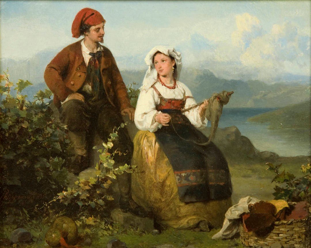Antique Oil Painting | Courtship & The Shepherd's Family, 1865 (pair) by Karl Frans Philippeau | 16 1/2" x 18 1/4"-Oil on Panel-Sterling-and-Burke