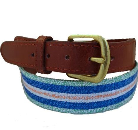 Needlepoint Collection | Surfer Stripe Needlepoint Belt | Mint, Blue, and Pink | Smathers and Branson
