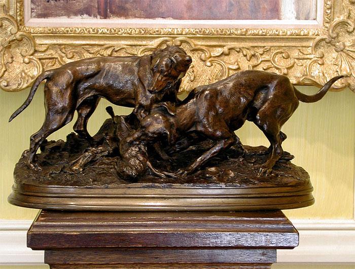 Antique Bronze | Chasse au lievre dans les vigne by Pierre-Jules Mene | Chasing down a Hare) 8" x 15" x 6 1/2"-Sculpture-Sterling-and-Burke