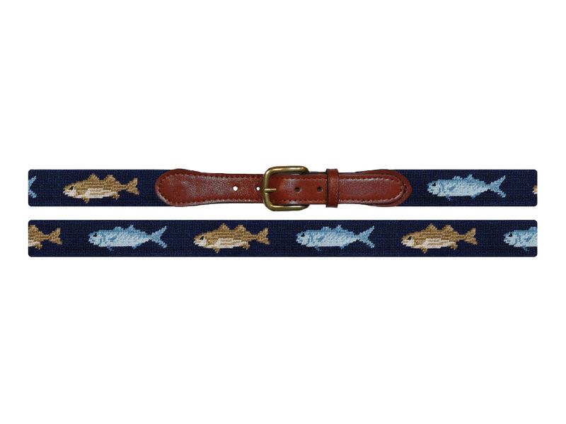 Needlepoint collection | Blue Fish and Striper Needlepoint Belt | Smathers and Branson-Belt-Sterling-and-Burke