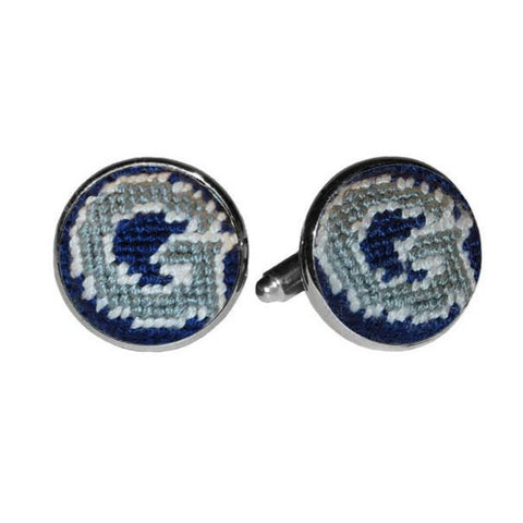 Needlepoint Collection | Georgetown University Needlepoint Cufflinks | Hoya | Blue and Grey | Smathers and Branson-Cufflinks-Sterling-and-Burke