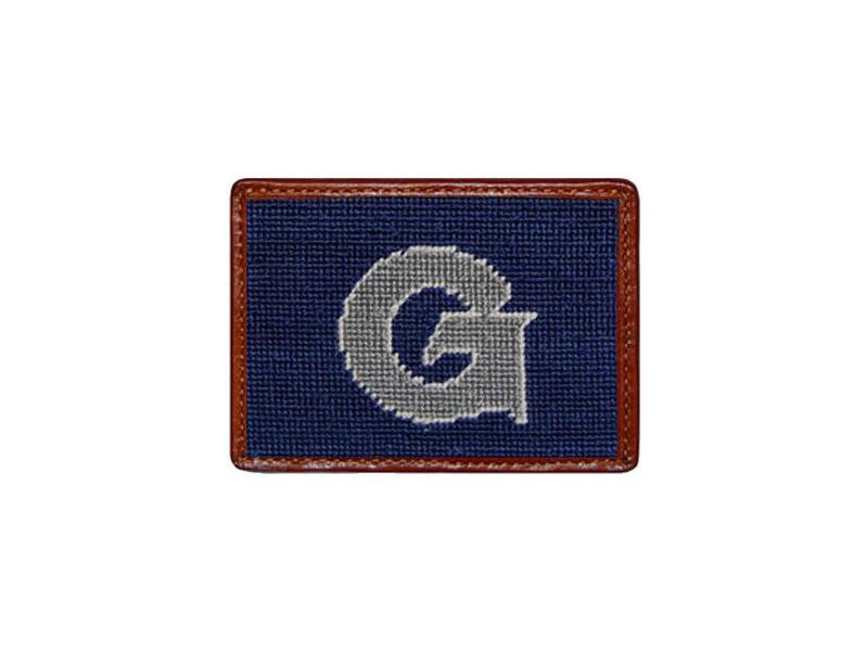Needlepoint Collection | Georgetown University Needlepoint Card Wallet | Hoya Logo | 4 by 3 Inch | Blue and Grey | Smathers and Branson-Card Wallet-Sterling-and-Burke