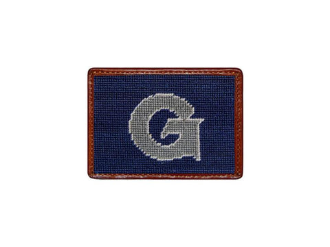 Needlepoint Collection | Georgetown University Needlepoint Card Wallet | Hoya Logo | 4 by 3 Inch | Blue and Grey | Smathers and Branson-Card Wallet-Sterling-and-Burke