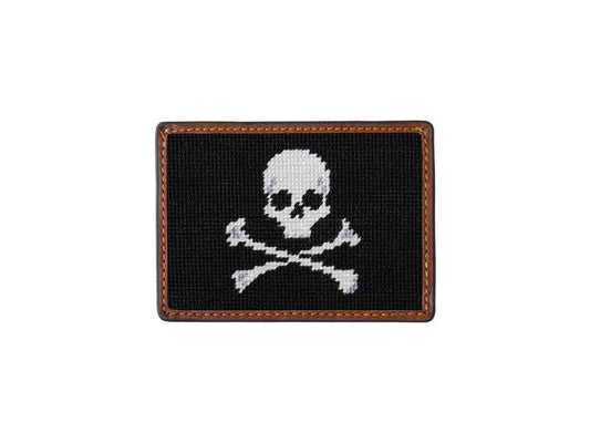 Needlepoint Collection | Skull and Crossbones Needlepoint Card Wallet | Jolly Roger Skull and Crossbones Design | 4 by 3 Inch | Black and White | Smathers and Branson-Card Wallet-Sterling-and-Burke