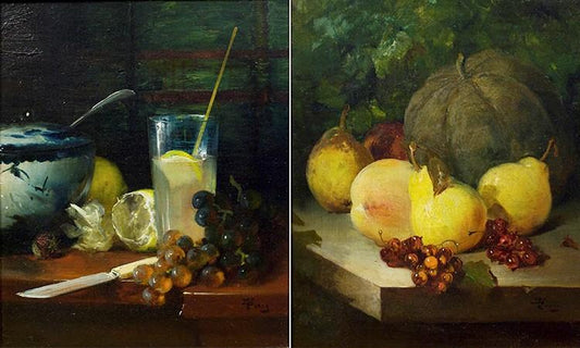 Antique Oil Painting | Still-lifes: Pears and Lemonade - pair by Theodore Pine | 16.5" x 14.5"-Oil Painting-Sterling-and-Burke