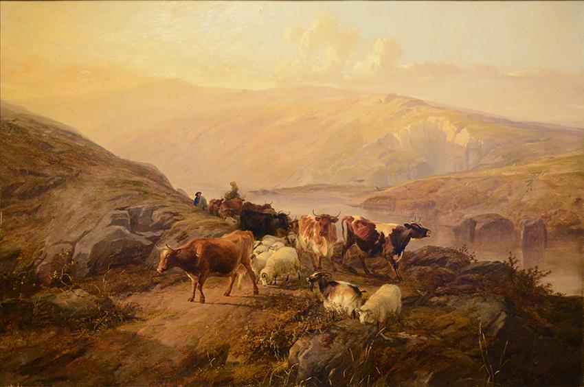 Antique Oil on Canvas | Drover With Cattle And Sheep, 1857 by Thomas Sidney Cooper | 30" x 44"-Oil on Panel-Sterling-and-Burke