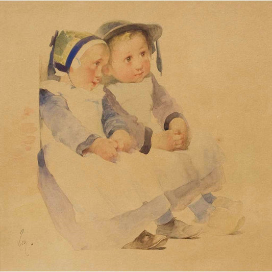 Antique Watercolor on Paper | Two Breton Children Seated Against a Wall by Henry Jean Jules Geoffroy | 22" x 22"-Watercolor-Sterling-and-Burke