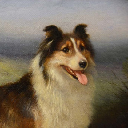 Antique Oil Painting | A Collie and a Lamb by Walter Hunt | 12-1/4" x 15-1/4"-Oil Painting-Sterling-and-Burke
