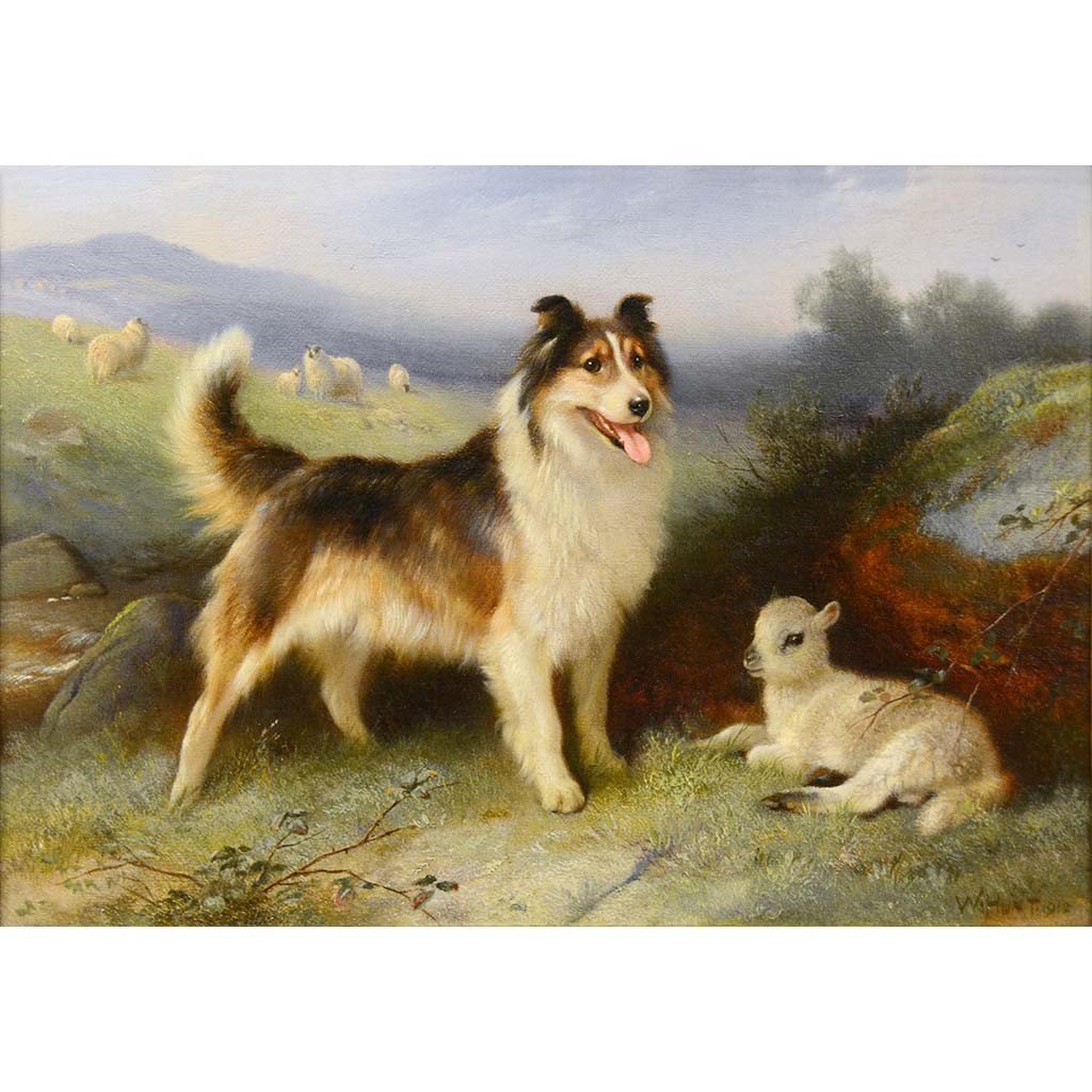Antique Oil Painting | A Collie and a Lamb by Walter Hunt | 12-1/4" x 15-1/4"-Oil Painting-Sterling-and-Burke