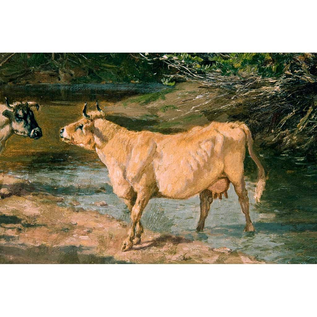 Antique Oil Painting | Cows at a Watering Hole by William Baird | 11.5" x 16"-Oil Painting-Sterling-and-Burke