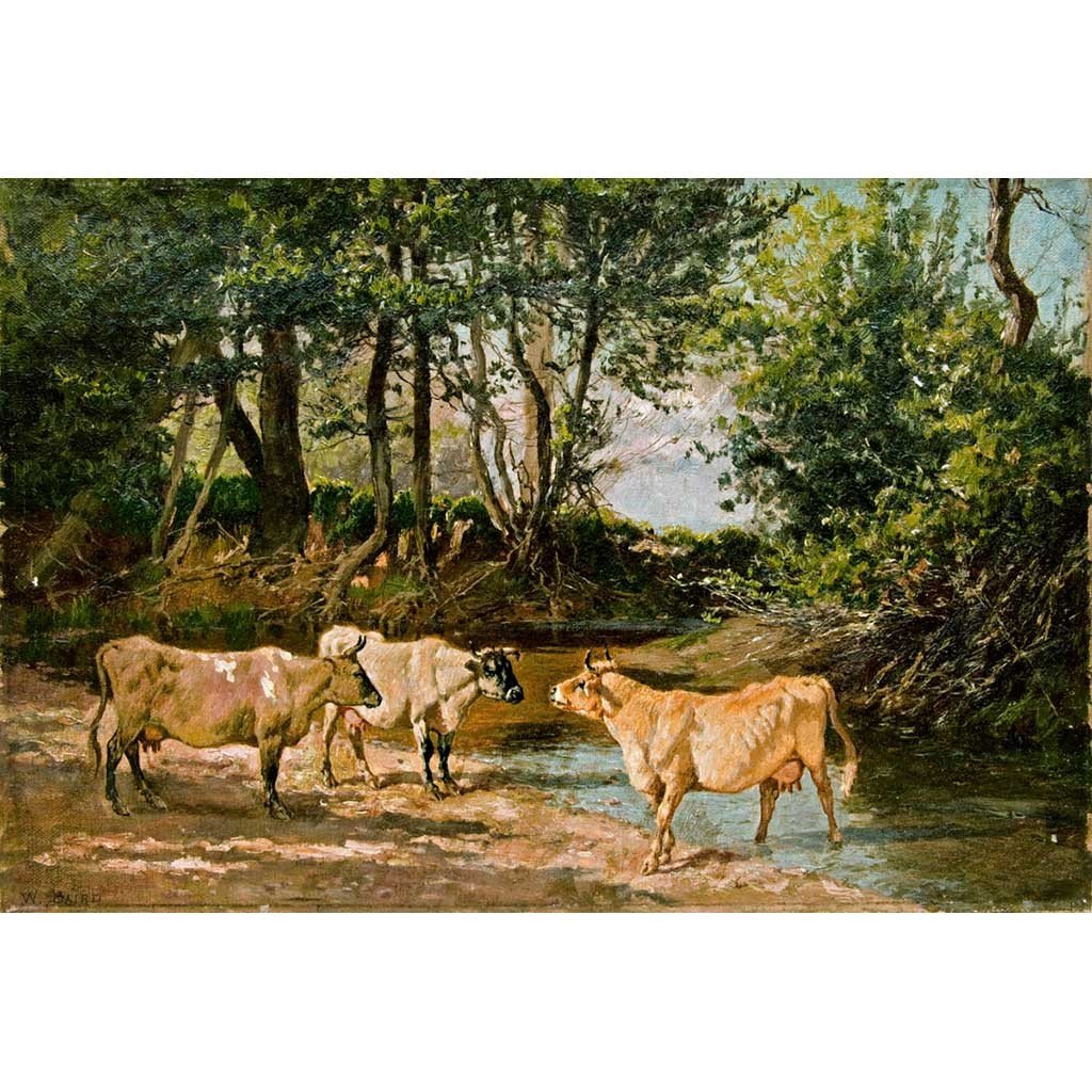 Antique Oil Painting | Cows at a Watering Hole by William Baird | 11.5" x 16"-Oil Painting-Sterling-and-Burke