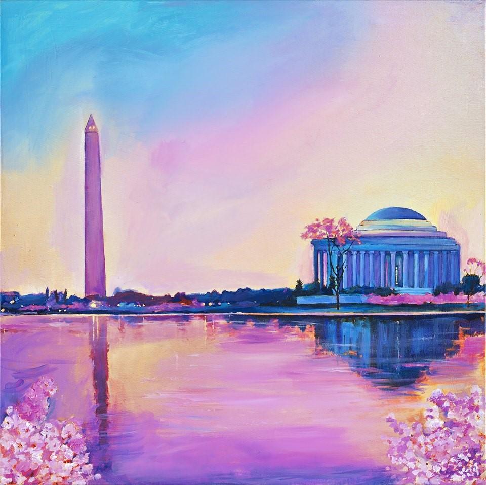 Art | Cherry Blossom Jefferson Memorial | Original Oil and Acrylic on Canvas by Zachary Sasim | 24" by 24"-Acrylic Painting-Sterling-and-Burke