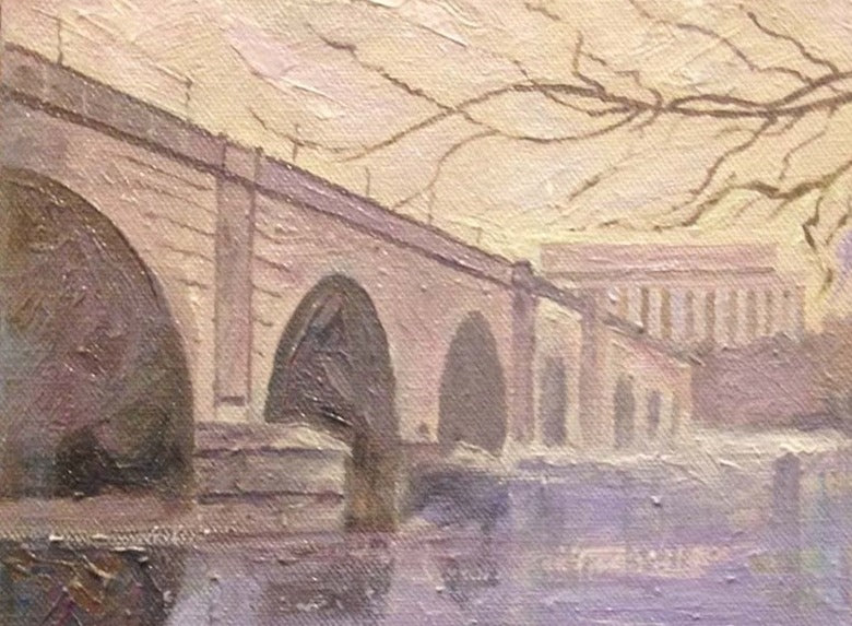 Memorial Bridge with Ice | Washington, DC Art | Original Oil and Acrylic Painting by Zachary Sasim | 8" by 8" | Zachary Sasim | Commission-Oil and acrylic-Sterling-and-Burke
