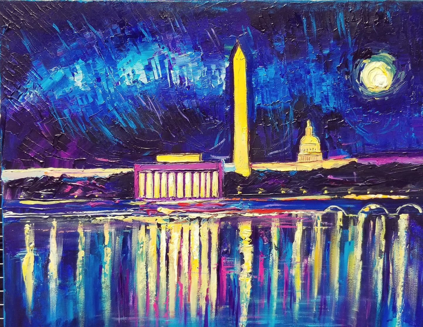 Night Panorama DC | Washington, DC Art | Original Acrylic on Canvas by Zachary Sasim | 24" by 30"-Acrylic Painting-Sterling-and-Burke